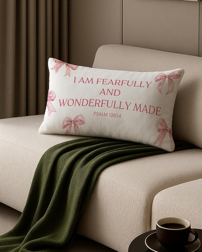 Coquette Pink Bow Christian Pillow Covers 12x20, Christian Room Home Decor, Coquette Room Decor, Psalm 139:14 Religious Bible Verse Decorative Lumbar Pillow Covers