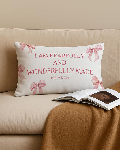 Coquette Pink Bow Christian Pillow Covers 12x20, Christian Room Home Decor, Coquette Room Decor, Psalm 139:14 Religious Bible Verse Decorative Lumbar Pillow Covers