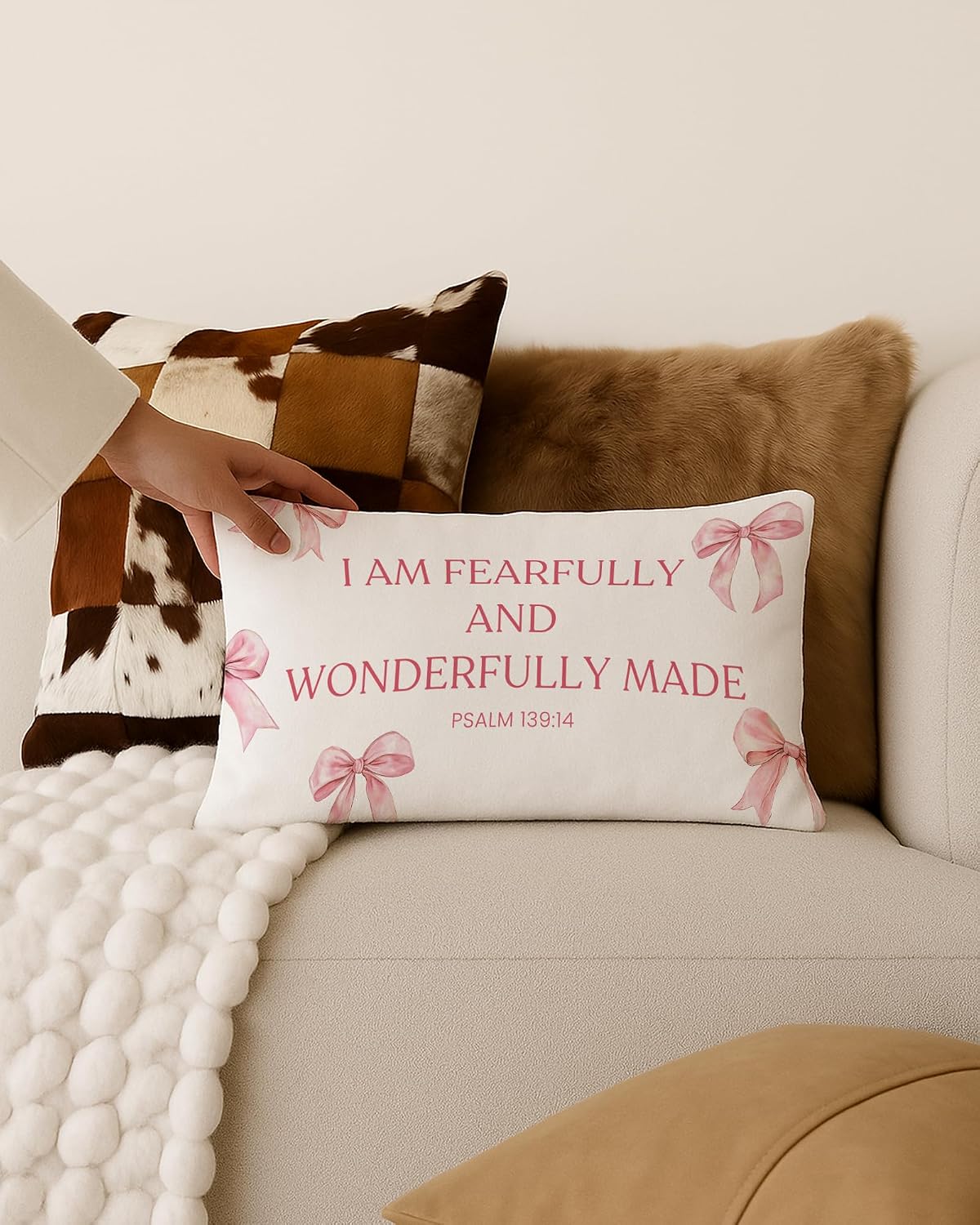 Coquette Pink Bow Christian Pillow Covers 12x20, Christian Room Home Decor, Coquette Room Decor, Psalm 139:14 Religious Bible Verse Decorative Lumbar Pillow Covers