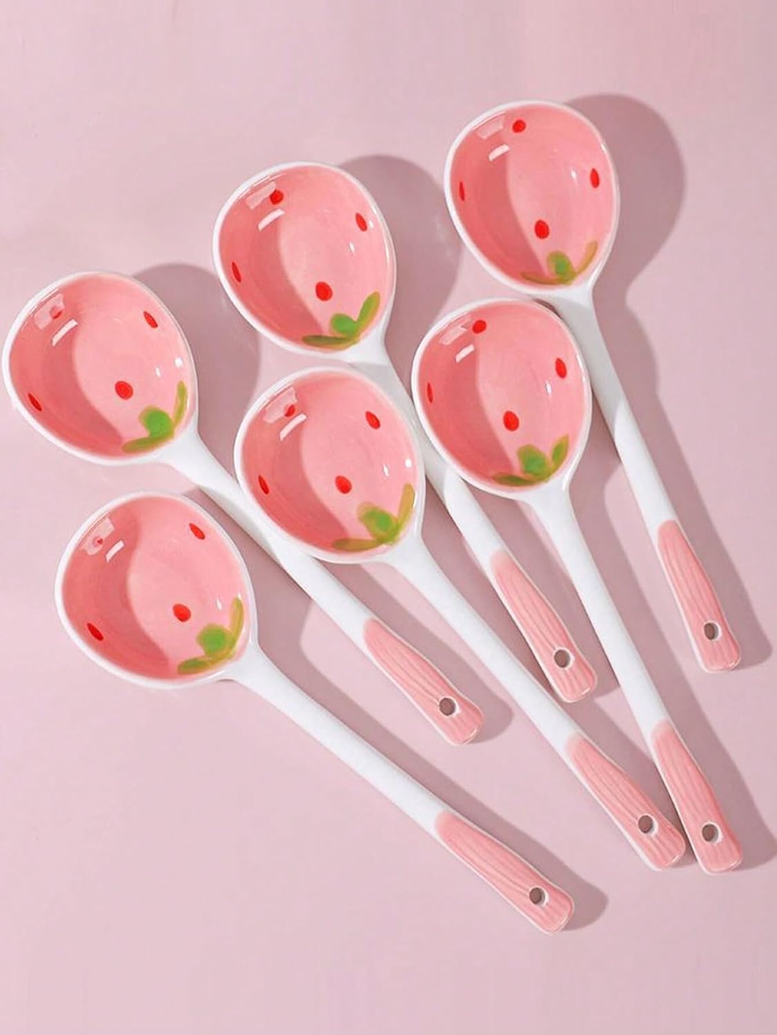 6 Pcs Cute Kawaii Ceramic Pink Strawberry Long Handled Soup Spoons for Dessert Oatmeal and Daily Kitchen Use Aesthetic Hand Painted Cereal Spoons Set (Pink)