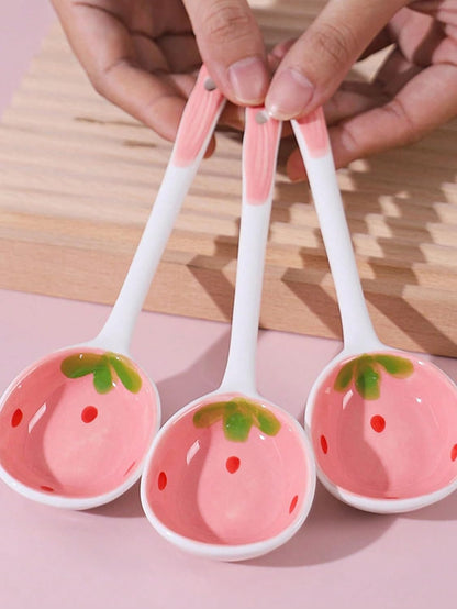6 Pcs Cute Kawaii Ceramic Pink Strawberry Long Handled Soup Spoons for Dessert Oatmeal and Daily Kitchen Use Aesthetic Hand Painted Cereal Spoons Set (Pink)