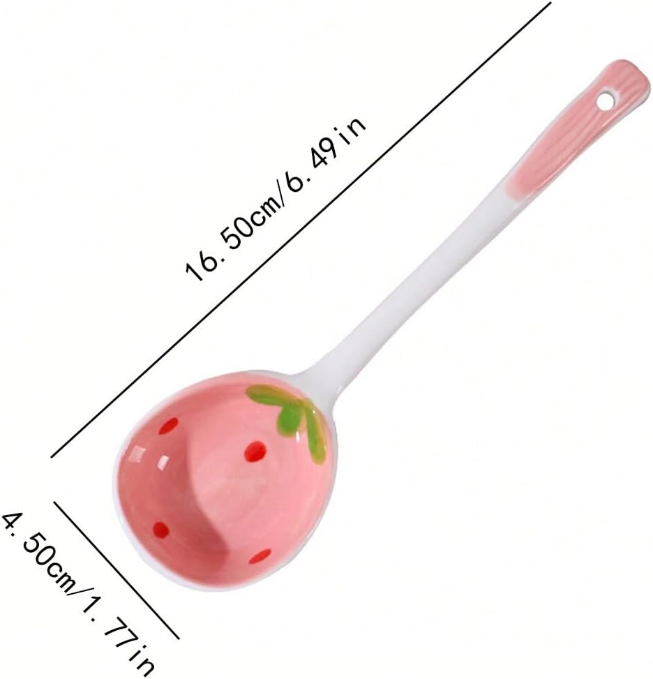 6 Pcs Cute Kawaii Ceramic Pink Strawberry Long Handled Soup Spoons for Dessert Oatmeal and Daily Kitchen Use Aesthetic Hand Painted Cereal Spoons Set (Pink)