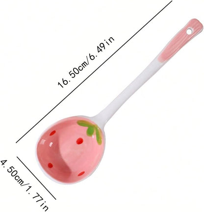6 Pcs Cute Kawaii Ceramic Pink Strawberry Long Handled Soup Spoons for Dessert Oatmeal and Daily Kitchen Use Aesthetic Hand Painted Cereal Spoons Set (Pink)