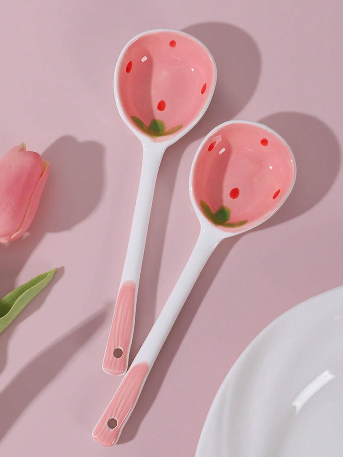 6 Pcs Cute Kawaii Ceramic Pink Strawberry Long Handled Soup Spoons for Dessert Oatmeal and Daily Kitchen Use Aesthetic Hand Painted Cereal Spoons Set (Pink)