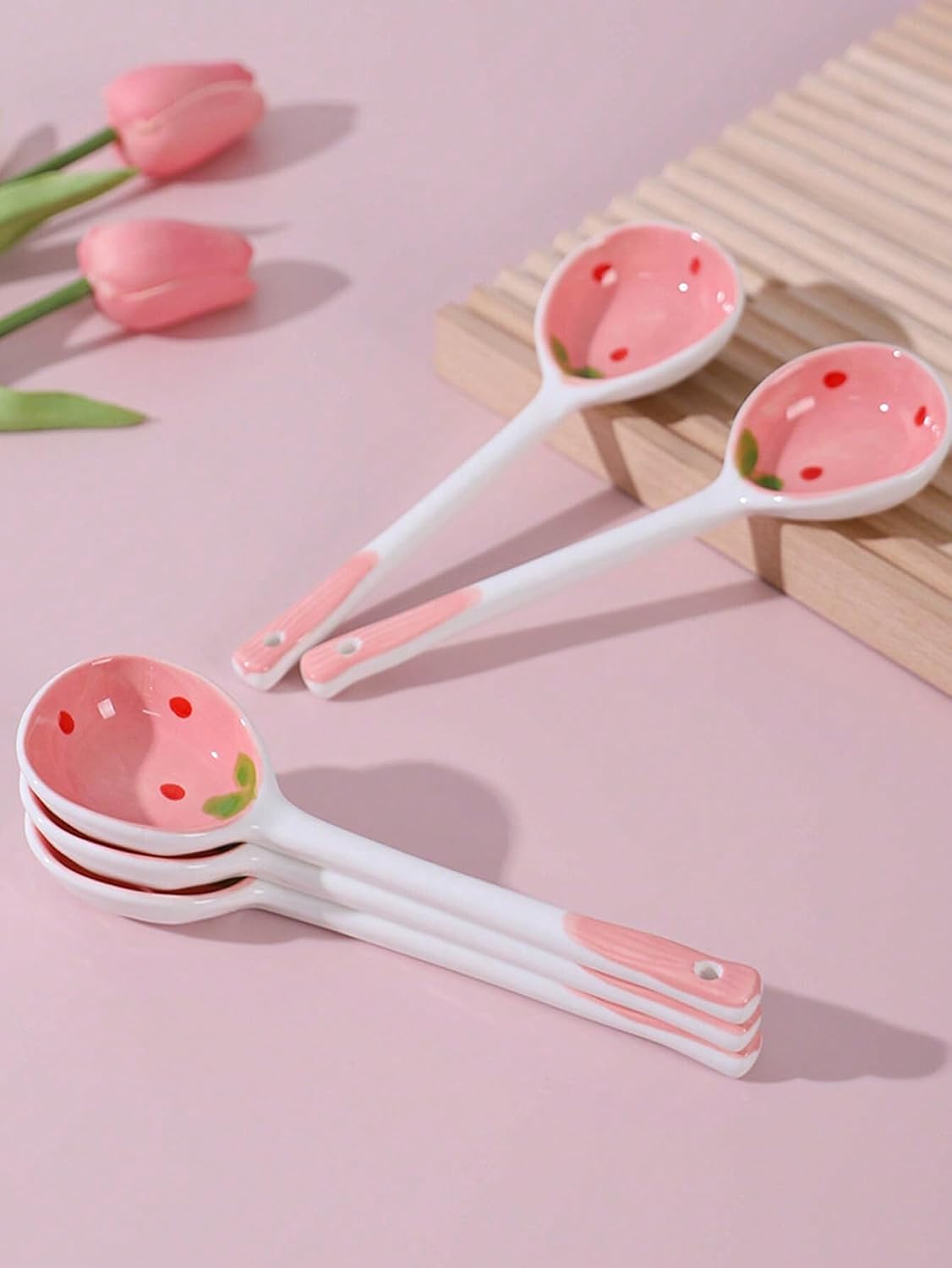 6 Pcs Cute Kawaii Ceramic Pink Strawberry Long Handled Soup Spoons for Dessert Oatmeal and Daily Kitchen Use Aesthetic Hand Painted Cereal Spoons Set (Pink)