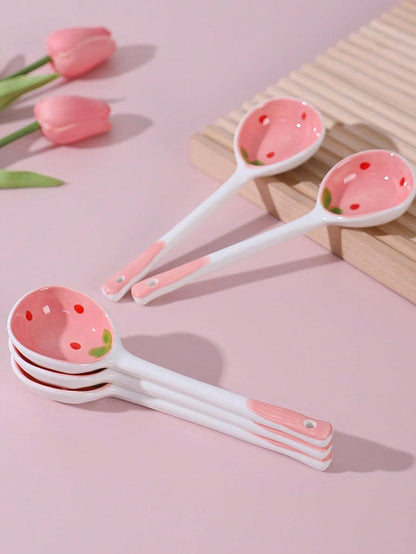 6 Pcs Cute Kawaii Ceramic Pink Strawberry Long Handled Soup Spoons for Dessert Oatmeal and Daily Kitchen Use Aesthetic Hand Painted Cereal Spoons Set (Pink)