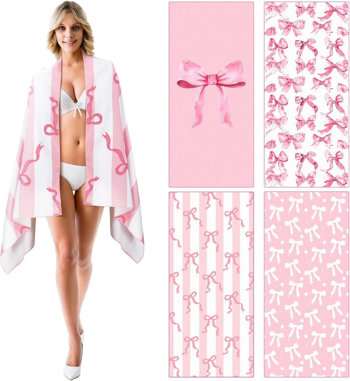 Haull 4 Pack Coquette Pink Bow Microfiber Beach Towel 75'' x 35'' Soft Oversized Bow Pool Bath Towels Absorbent Quick Dry Camping for Bathroom Gym Yoga, Pink Gifts for Girls Lady