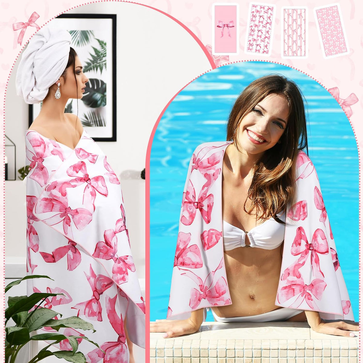Haull 4 Pack Coquette Pink Bow Microfiber Beach Towel 75'' x 35'' Soft Oversized Bow Pool Bath Towels Absorbent Quick Dry Camping for Bathroom Gym Yoga, Pink Gifts for Girls Lady