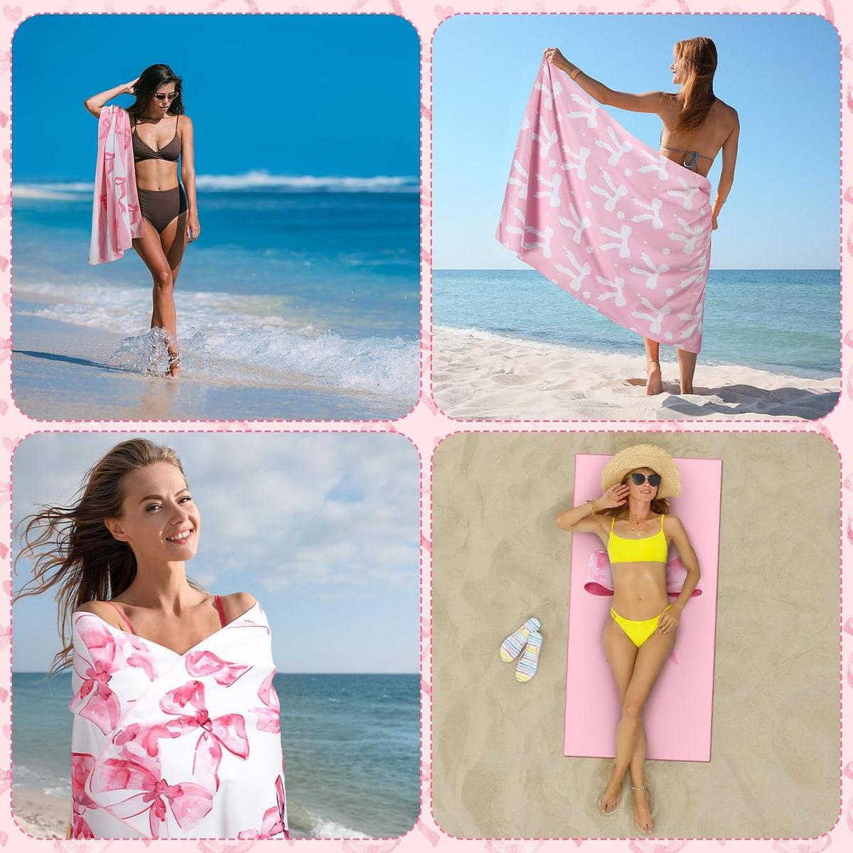 Haull 4 Pack Coquette Pink Bow Microfiber Beach Towel 75'' x 35'' Soft Oversized Bow Pool Bath Towels Absorbent Quick Dry Camping for Bathroom Gym Yoga, Pink Gifts for Girls Lady