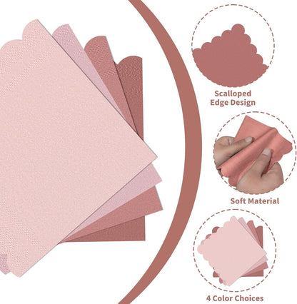 240 Pack Dusty Pink Napkins, 5 x 5 Inch Gradient Pink Baby Shower Cocktail Napkins Scalloped Beverage Dessert Napkin for Tea Party, Wedding, Bridal Shower