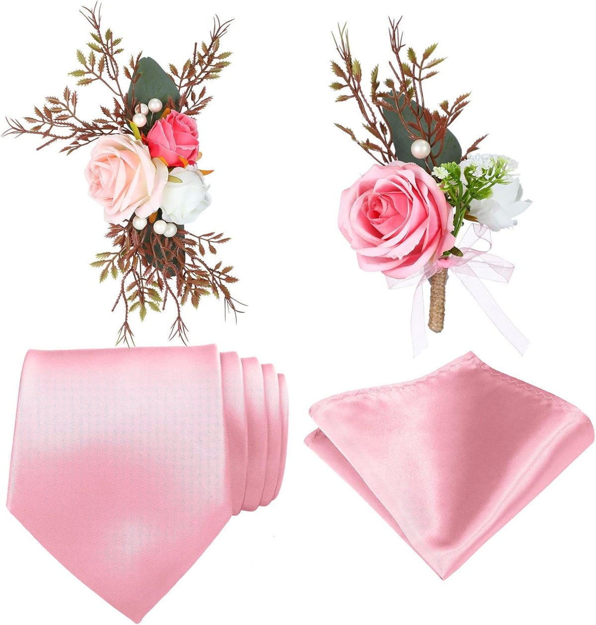 4 Pcs Rose Corsage and Boutonniere Set Ties and Pocket Square for Men Wristlet Band Bracelet Wedding Accessories