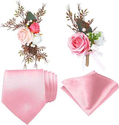 4 Pcs Rose Corsage and Boutonniere Set Ties and Pocket Square for Men Wristlet Band Bracelet Wedding Accessories