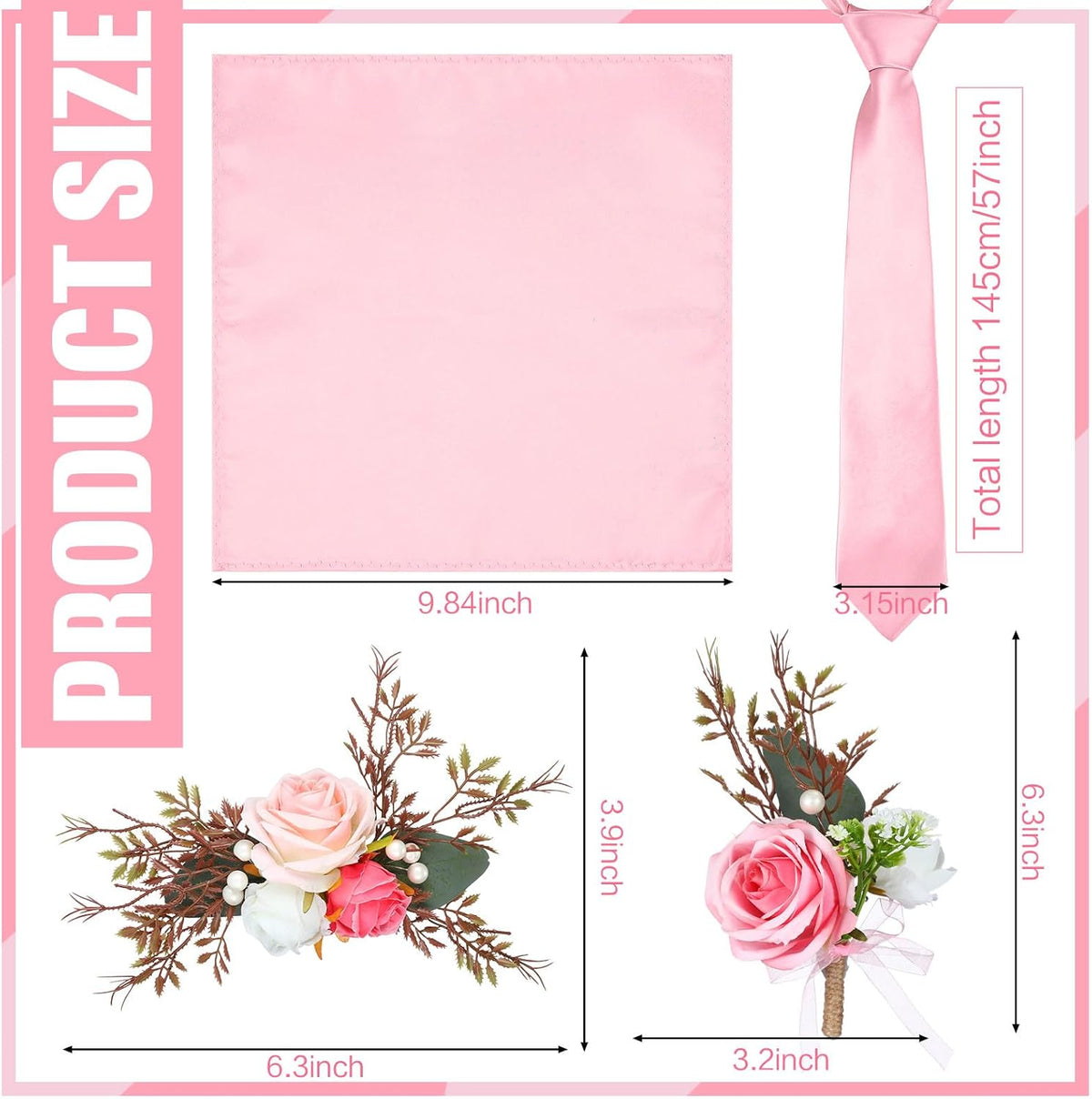 4 Pcs Rose Corsage and Boutonniere Set Ties and Pocket Square for Men Wristlet Band Bracelet Wedding Accessories