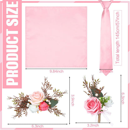 4 Pcs Rose Corsage and Boutonniere Set Ties and Pocket Square for Men Wristlet Band Bracelet Wedding Accessories