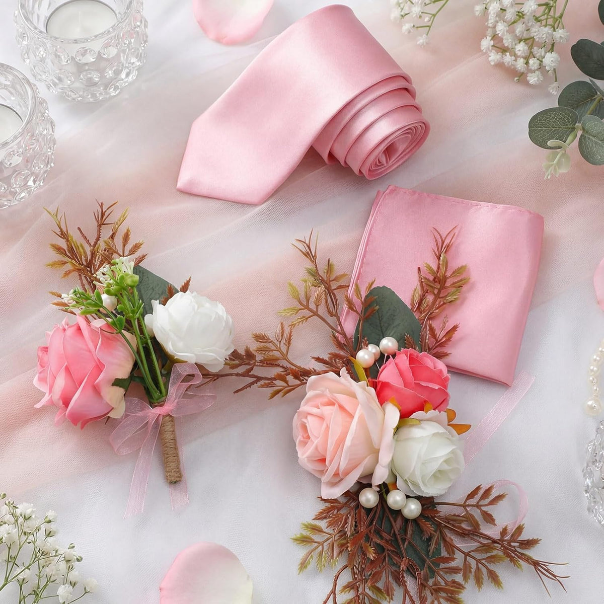 4 Pcs Rose Corsage and Boutonniere Set Ties and Pocket Square for Men Wristlet Band Bracelet Wedding Accessories