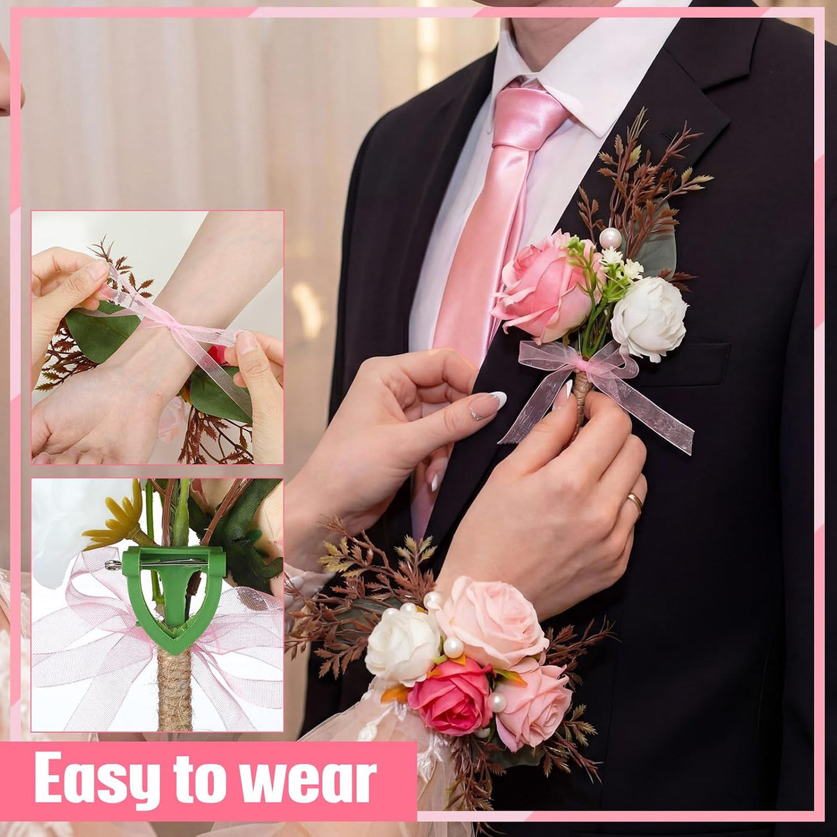 4 Pcs Rose Corsage and Boutonniere Set Ties and Pocket Square for Men Wristlet Band Bracelet Wedding Accessories