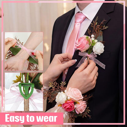 4 Pcs Rose Corsage and Boutonniere Set Ties and Pocket Square for Men Wristlet Band Bracelet Wedding Accessories