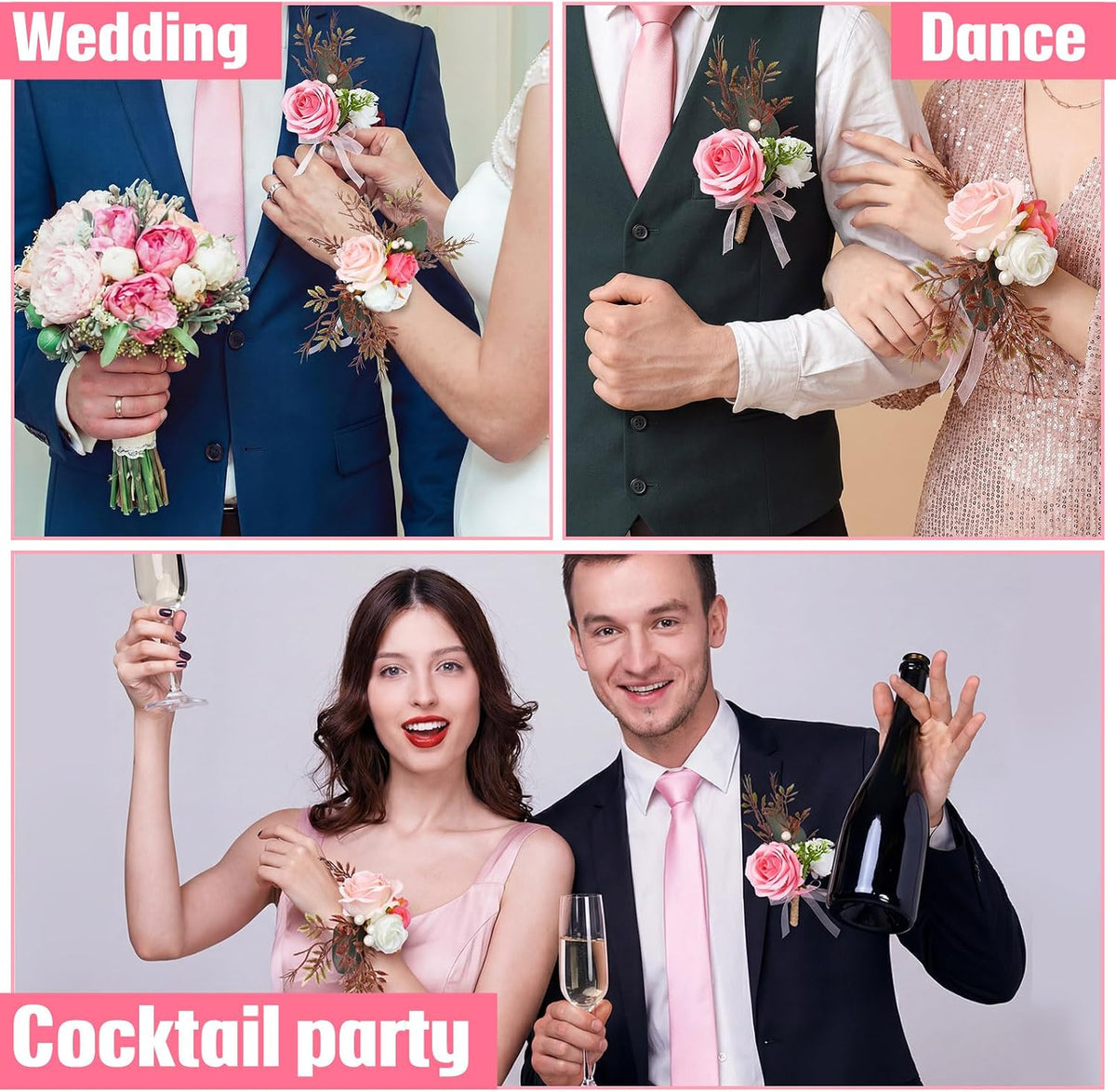 4 Pcs Rose Corsage and Boutonniere Set Ties and Pocket Square for Men Wristlet Band Bracelet Wedding Accessories