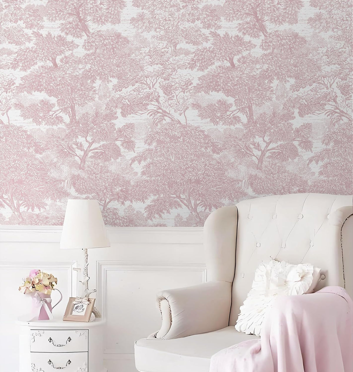 Peel and Stick Wallpaper Pink Tree Contact Paper 78.7" x 17.3" Wall Paper Modern Forest Self Adhesive Removable Girls Nursery Wallpaper for Bedroom Bathroom Vinyl Rolls