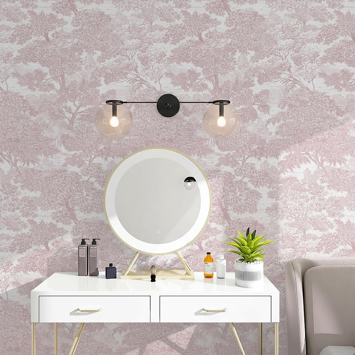 Peel and Stick Wallpaper Pink Tree Contact Paper 78.7" x 17.3" Wall Paper Modern Forest Self Adhesive Removable Girls Nursery Wallpaper for Bedroom Bathroom Vinyl Rolls