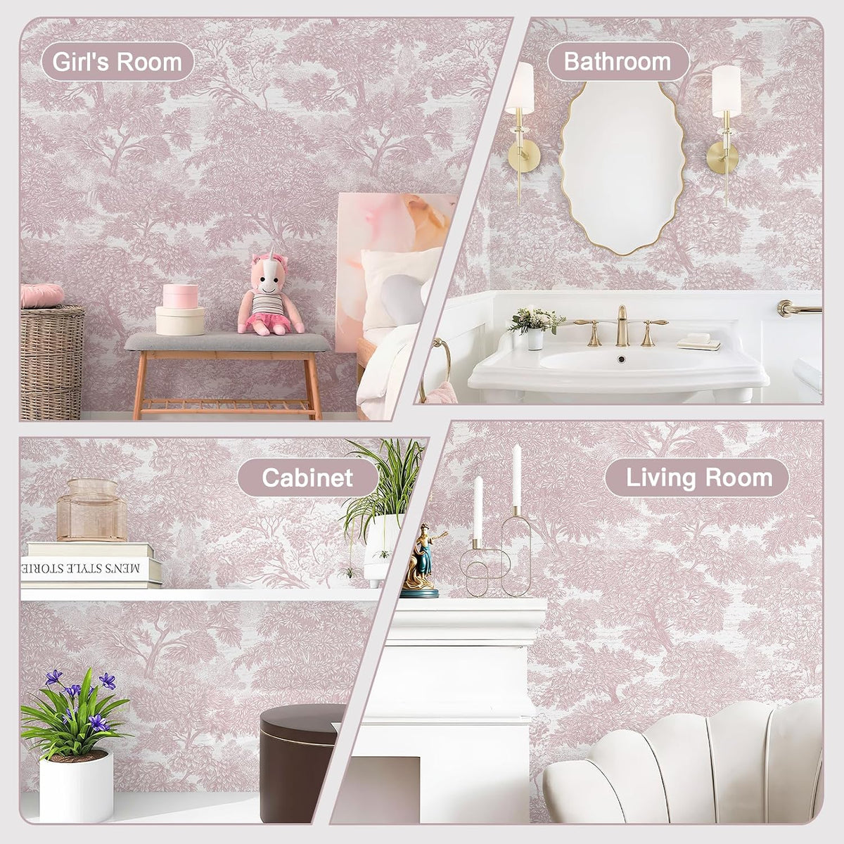 Peel and Stick Wallpaper Pink Tree Contact Paper 78.7" x 17.3" Wall Paper Modern Forest Self Adhesive Removable Girls Nursery Wallpaper for Bedroom Bathroom Vinyl Rolls