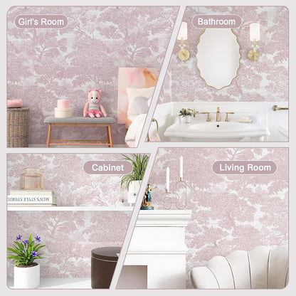 Peel and Stick Wallpaper Pink Tree Contact Paper 78.7" x 17.3" Wall Paper Modern Forest Self Adhesive Removable Girls Nursery Wallpaper for Bedroom Bathroom Vinyl Rolls