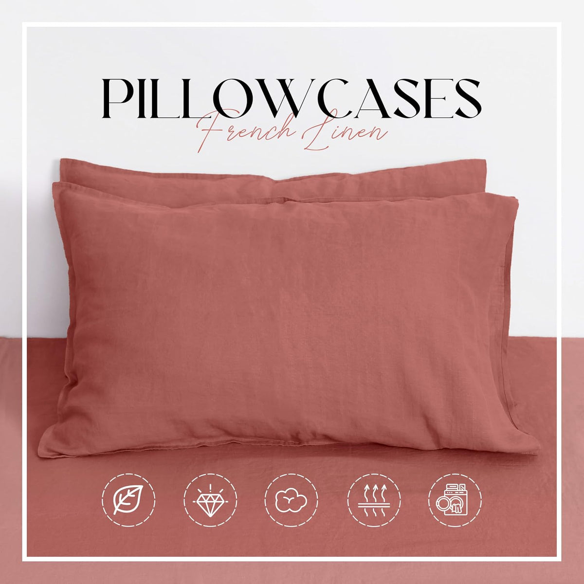 Linen World Linen Pillow Cases Set of 2,20"x30" Standard/Queen Size,100% French Natural Flax Soft Pillowcases,Clay Pink