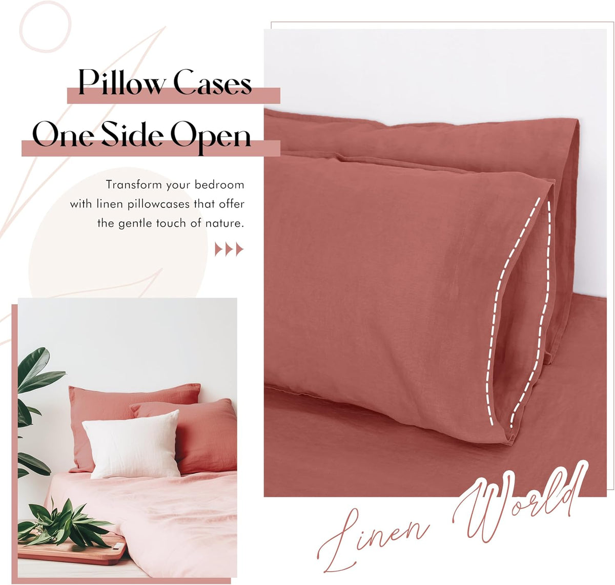 Linen World Linen Pillow Cases Set of 2,20"x30" Standard/Queen Size,100% French Natural Flax Soft Pillowcases,Clay Pink