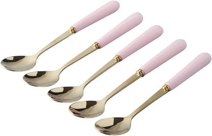 Stainless Steel Spoon with Ceramic Handle, Set of 5 Teaspoon Coffee Spoons Candy-Colored Kitchen Flatware Stirring Spoon (Pink-Spoon)