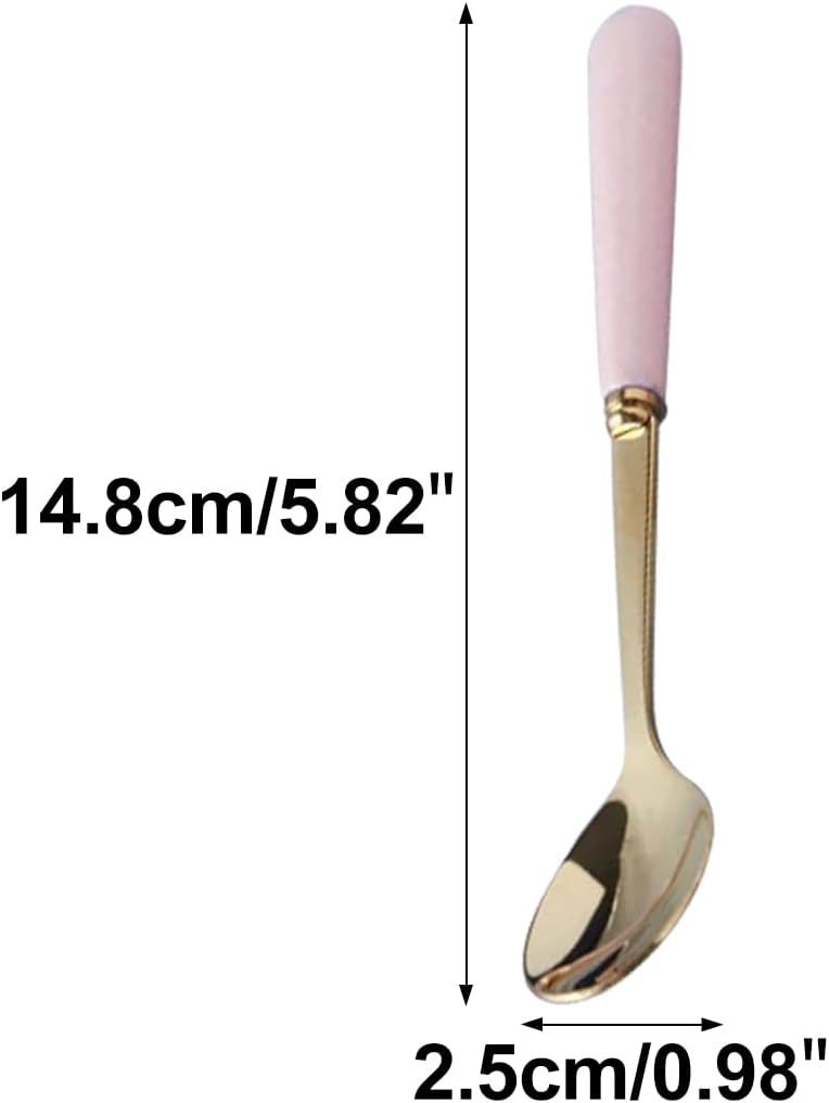 Stainless Steel Spoon with Ceramic Handle, Set of 5 Teaspoon Coffee Spoons Candy-Colored Kitchen Flatware Stirring Spoon (Pink-Spoon)