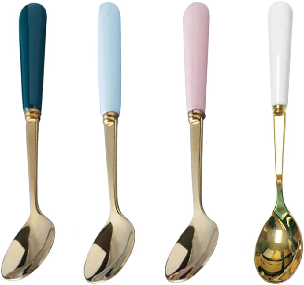 Stainless Steel Spoon with Ceramic Handle, Set of 5 Teaspoon Coffee Spoons Candy-Colored Kitchen Flatware Stirring Spoon (Pink-Spoon)