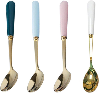 Stainless Steel Spoon with Ceramic Handle, Set of 5 Teaspoon Coffee Spoons Candy-Colored Kitchen Flatware Stirring Spoon (Pink-Spoon)