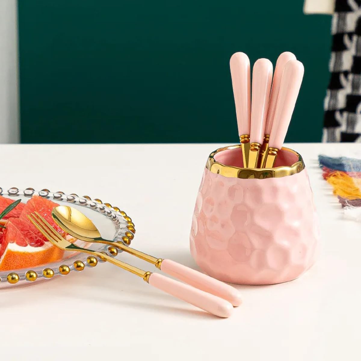 Stainless Steel Spoon with Ceramic Handle, Set of 5 Teaspoon Coffee Spoons Candy-Colored Kitchen Flatware Stirring Spoon (Pink-Spoon)