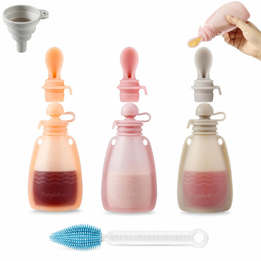 3 Pack Reusable Silicone Baby Food Pouches Pouches for Toddler Kids with 3 Silicone Puree Feeder Spoon BPA-Free Silicone Refillable Baby Food Storage 5.5oz(Dark Pink/Light Pink/Linen)