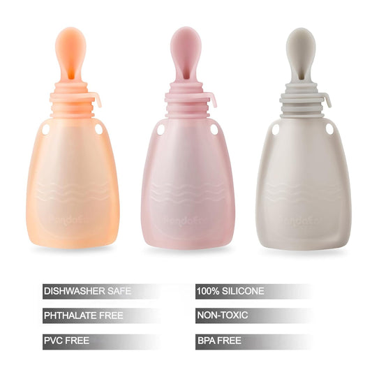 3 Pack Reusable Silicone Baby Food Pouches Pouches for Toddler Kids with 3 Silicone Puree Feeder Spoon BPA-Free Silicone Refillable Baby Food Storage 5.5oz(Dark Pink/Light Pink/Linen)