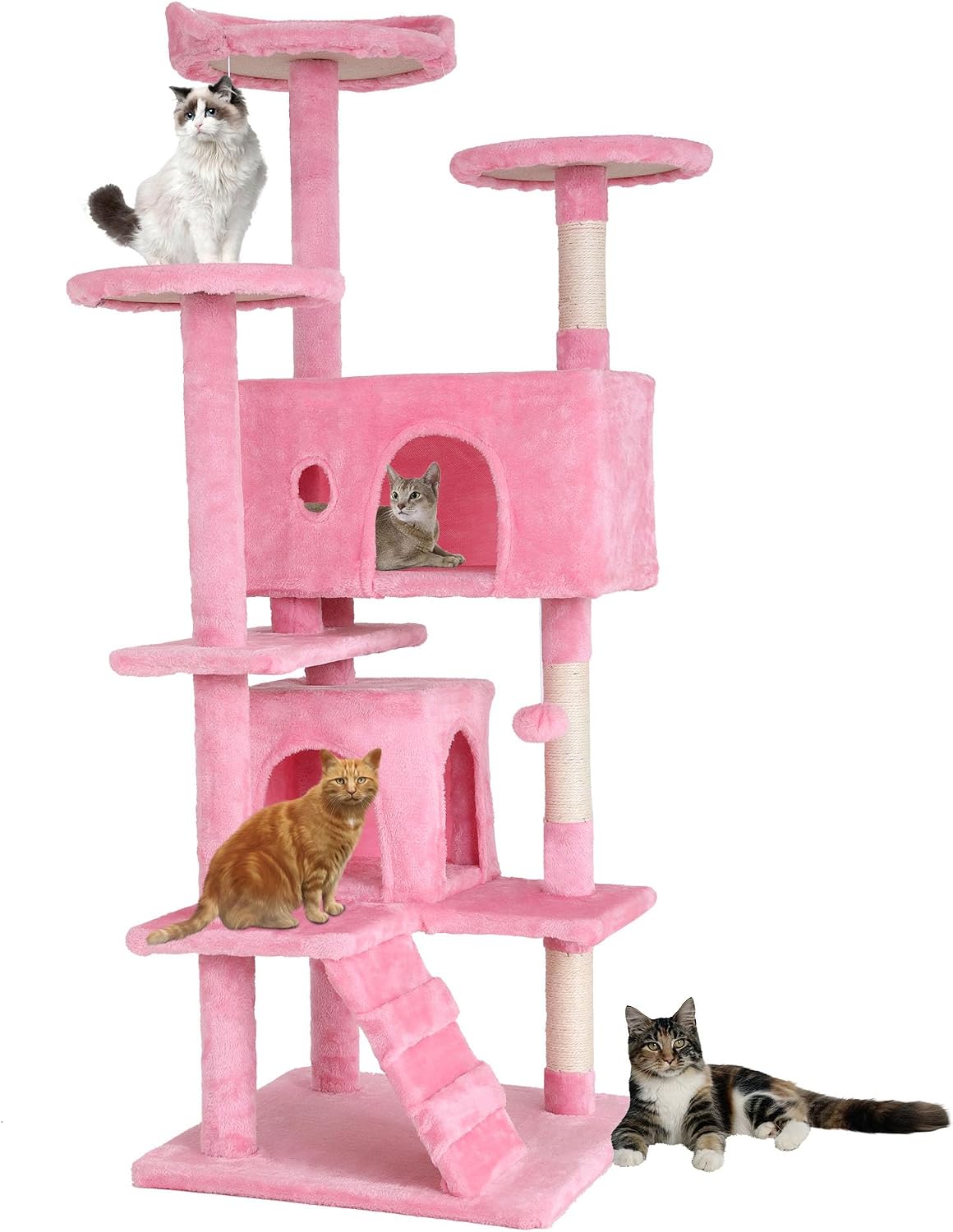 54" Cat Tree Tower | Pink | Sturdy Multi-Level Cat Tree