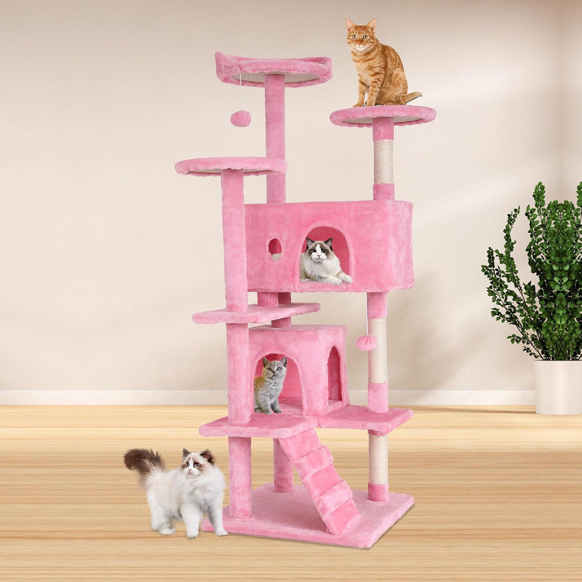 54" Cat Tree Tower | Pink | Sturdy Multi-Level Cat Tree