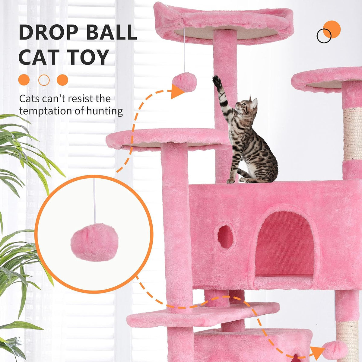 54" Cat Tree Tower | Pink | Sturdy Multi-Level Cat Tree