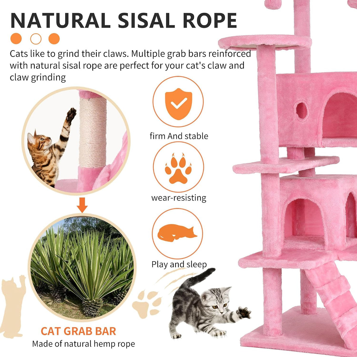 54" Cat Tree Tower | Pink | Sturdy Multi-Level Cat Tree