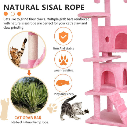 54" Cat Tree Tower | Pink | Sturdy Multi-Level Cat Tree