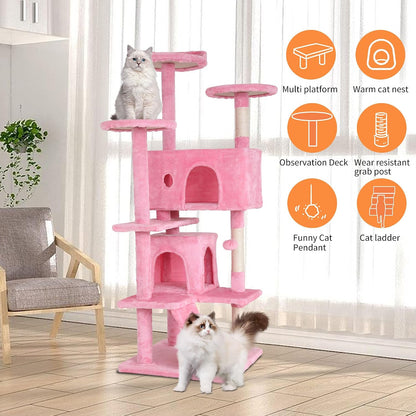 54" Cat Tree Tower | Pink | Sturdy Multi-Level Cat Tree