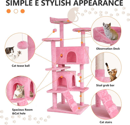 54" Cat Tree Tower | Pink | Sturdy Multi-Level Cat Tree