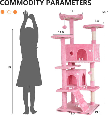 54" Cat Tree Tower | Pink | Sturdy Multi-Level Cat Tree