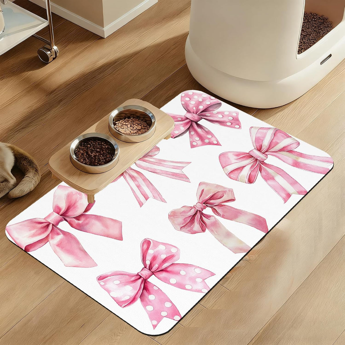 Pink Bows Dog Cat Food Mat–Absorbent Waterproof Placemat for Food and Water Bowls, Non Slip Rubber Backing, Feeding Mat for Clean Floors 16"x24"