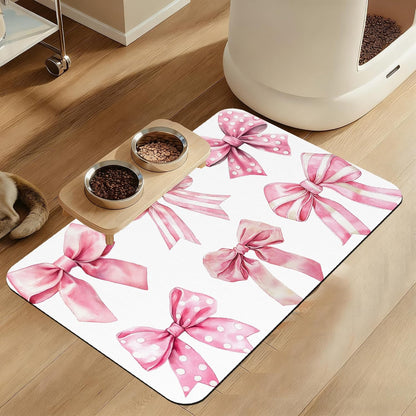 Pink Bows Dog Cat Food Mat–Absorbent Waterproof Placemat for Food and Water Bowls, Non Slip Rubber Backing, Feeding Mat for Clean Floors 16"x24"