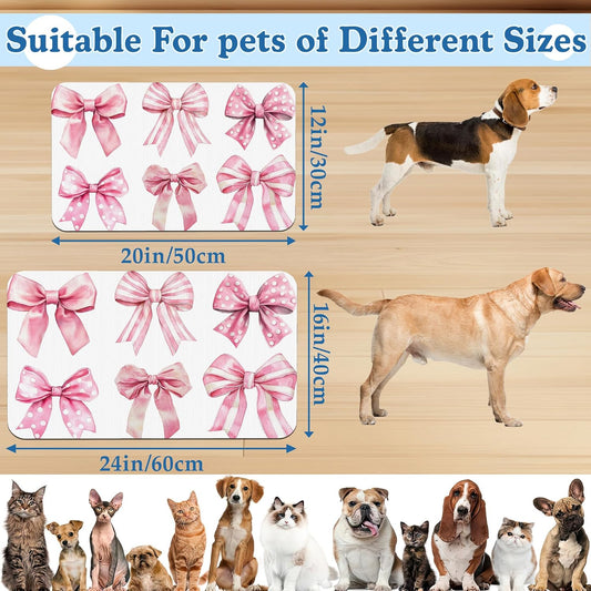 Pink Bows Dog Cat Food Mat–Absorbent Waterproof Placemat for Food and Water Bowls, Non Slip Rubber Backing, Feeding Mat for Clean Floors 16"x24"