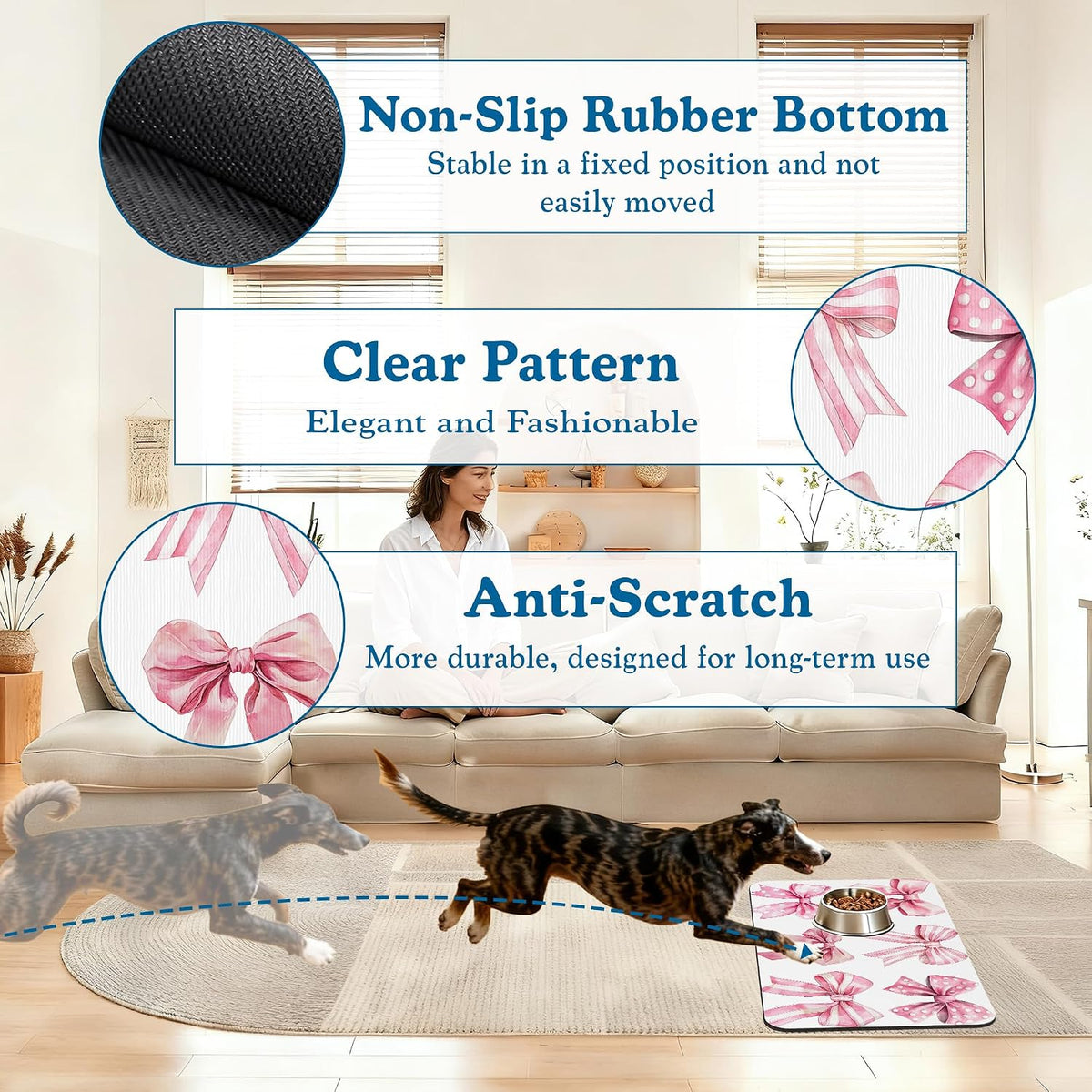 Pink Bows Dog Cat Food Mat–Absorbent Waterproof Placemat for Food and Water Bowls, Non Slip Rubber Backing, Feeding Mat for Clean Floors 16"x24"