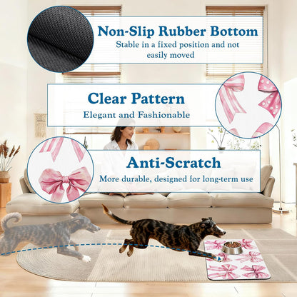Pink Bows Dog Cat Food Mat–Absorbent Waterproof Placemat for Food and Water Bowls, Non Slip Rubber Backing, Feeding Mat for Clean Floors 16"x24"