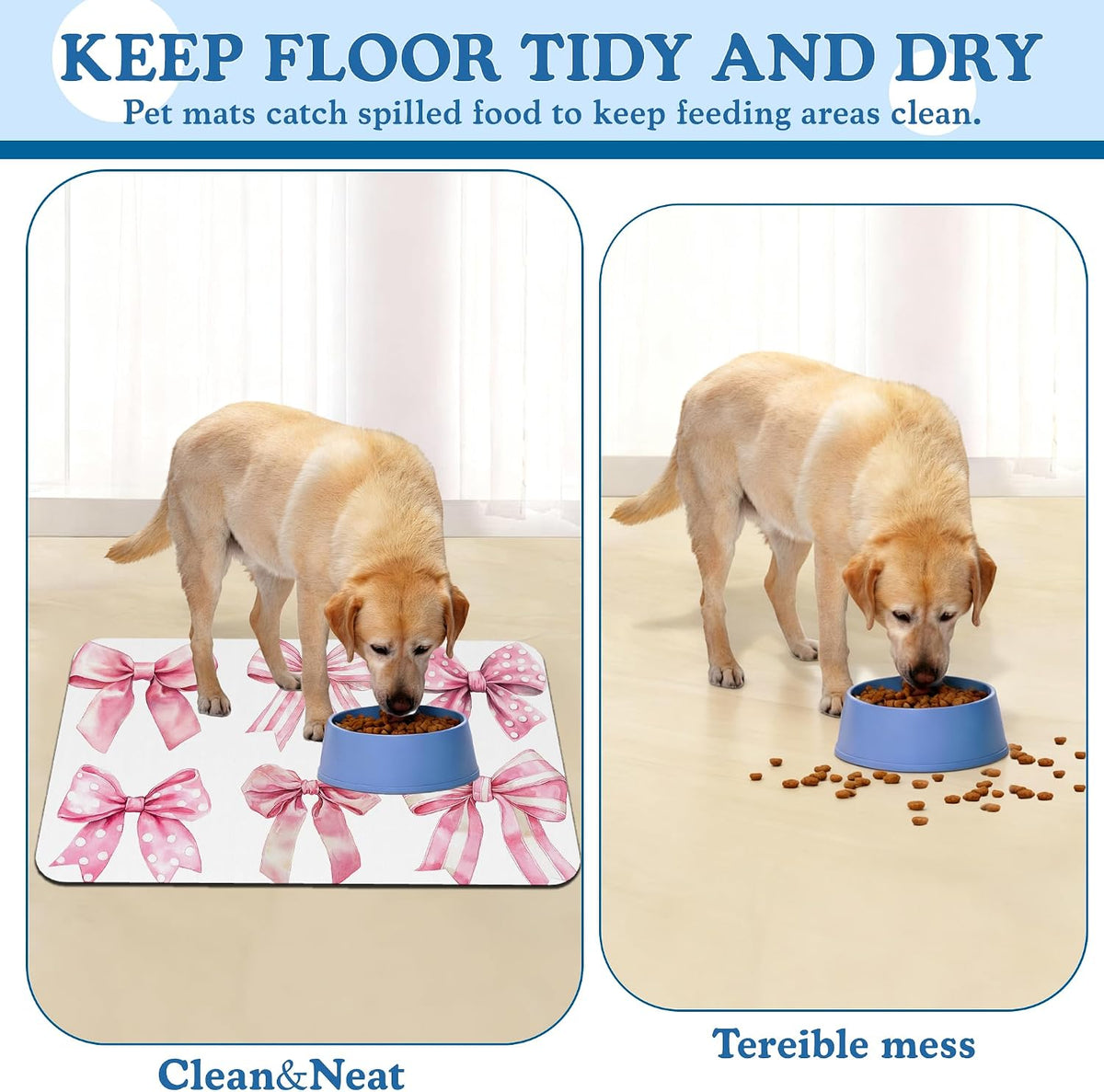 Pink Bows Dog Cat Food Mat–Absorbent Waterproof Placemat for Food and Water Bowls, Non Slip Rubber Backing, Feeding Mat for Clean Floors 16"x24"