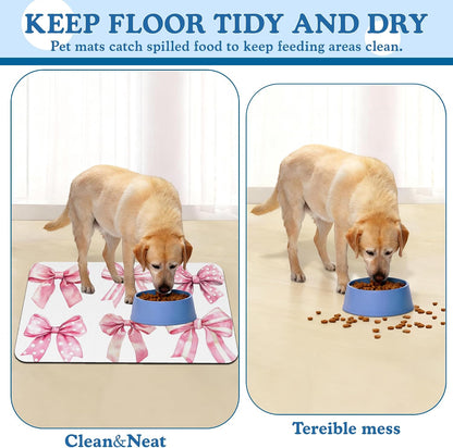 Pink Bows Dog Cat Food Mat–Absorbent Waterproof Placemat for Food and Water Bowls, Non Slip Rubber Backing, Feeding Mat for Clean Floors 16"x24"